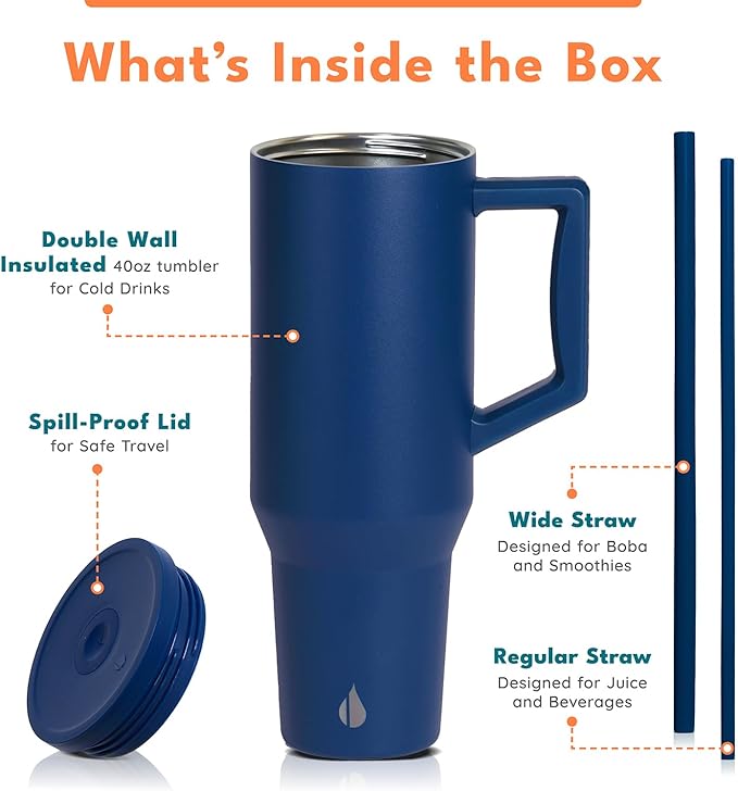 Elemental 40 oz Tumbler with Handle and Straw - Spill Proof Insulated Stainless Steel Commuter for Hot and Cold Beverages - Travel Coffee Mug with 2 Straws & Spill Proof Lid - 40oz - Navy Blue - Bloomnest