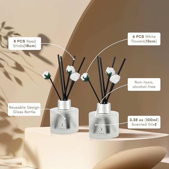 Brakula 2 Pack Reed Diffuser Set, Sandalwood Rose Scented, Home Fragrance with 14 Sticks Bathroom Decor, Reed diffusers for Home 6.76 fl oz (Sandalwood Rose) - Bloomnest