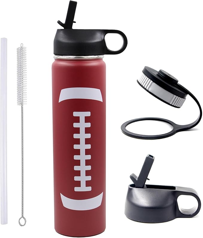 25 oz Football Water Bottle with Straw, Sports Flask Metal Travel Tumbler with 2 Lids, Stainless Steel Double Wall Vacuum Insulated Leak Proof Thermo Water Bottles, Football Gear Gifts for Boys Girls - Bloomnest