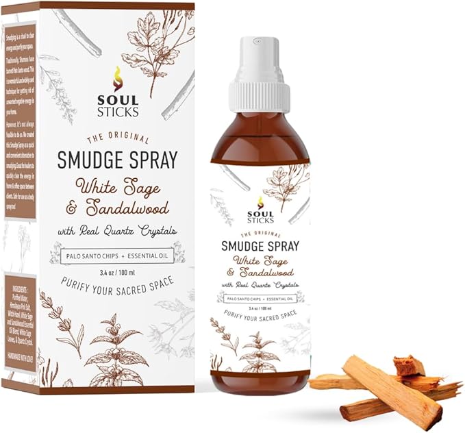 SOUL STICKS White Sage & Sandalwood Smudge Spray For Cleansing and Negative Energy | 3.5oz White Sage Smudge Spray with Real Quartz Crystals | Car Fragrance Sage Room Spray for Spiritual Cleansing SoulSticks