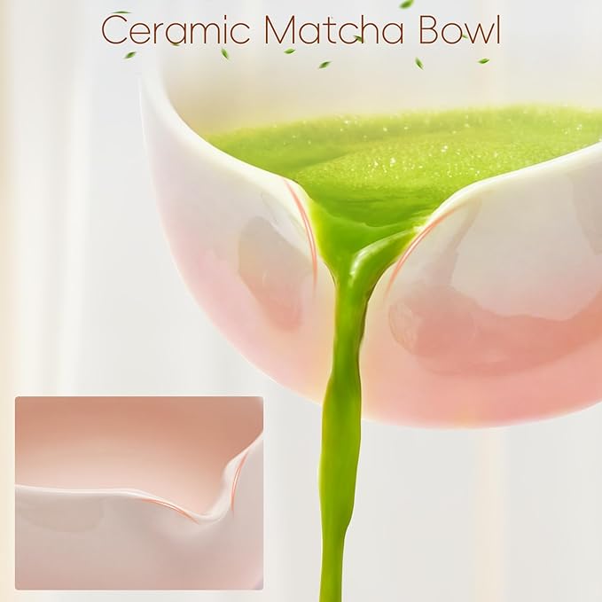 Matcha Whisk Set, Ceramic Matcha Set Includes Bowl & Holder, Bamboo Whisk (Chasen), Scoop, Spoon and Sifter, 6PCS Matcha Kit Covers Everything Needed for Making Matcha (Pink) - Bloomnest