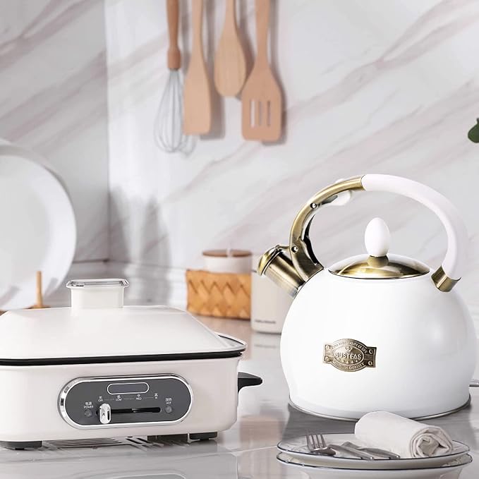 SUSTEAS Stove Top Whistling Tea Kettle - Food Grade Stainless Steel Teakettle Teapot with Cool Touch Ergonomic Handle, With 1 Silicone Pinch Mitt Included, 2.64 Quart(WHITE) - Bloomnest
