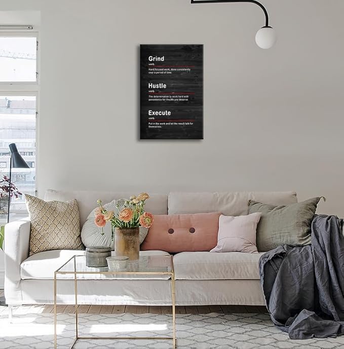 Inspirational Office Wall Art Grind Hustle Execute Verb Painting Posters Prints on Canvas Motivational Entrepreneur Quotes Prints Artwork Company Wall Decor for Living Room Framed[12''W x 18''H] - Bloomnest