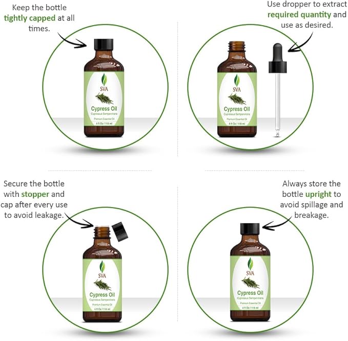 SVA Cypress Essential Oil – 4 Fl Oz – 100% Natural Cypress Oil - for Diffuser, Hair Care, Face, Skin Care, Aromatherapy, Scalp and Body Massage, Soap and Candle Making – with Dropper - Bloomnest