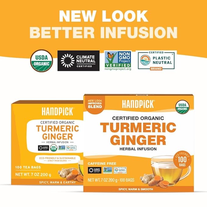HANDPICK, Organic Turmeric Ginger Tea (100 Tea Bags) | Indian Origin | Caffeine Free, Gluten Free, Non-GMO | Savory & Spicy I Ecofriendly round tea bags - Bloomnest