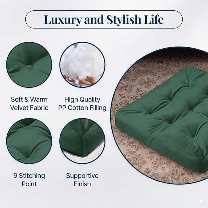 Velvet Floor Pillow Set of 2, Square Large Pillows Seating for Adults, Green Tufted Cushions for Meditation, Yoga Tatami Living Room Chair, Machine-Washable & Dryer-Safe, Green, 22x22 Inch - Bloomnest