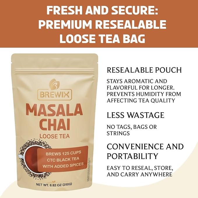 BREWIX, Masala Chai Tea Loose Leaf CTC TEA (125+ Cups, 8.82oz/250g) Strong Robust & Aromatic, All Natural | Blended with Exotic Spices | Ginger, Cinnamon, Cardamom, Clove & Black Pepper - Bloomnest