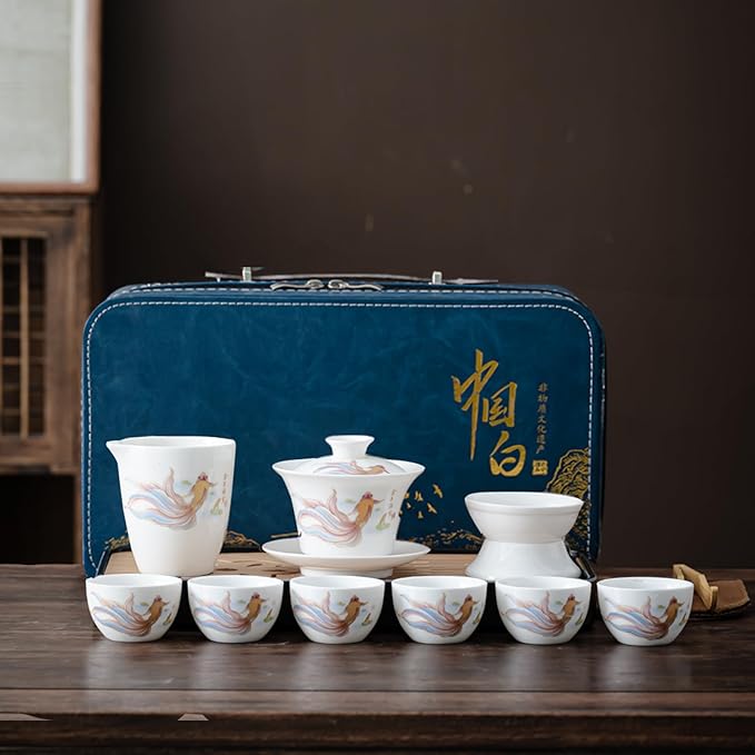 ICHAG Chinese Tea Set, Gongfu Tea Sets for Adults, China Gaiwan Teaset, 14-Piece Yangzhi Jade (茶具) Porcelain Set with Tea Pet, Portable Travel Teaset for Home, Outdoor, Office Gifts (White) - Bloomnest
