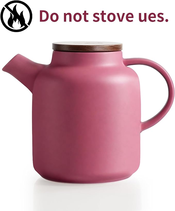 Yundu 1500ml / 50 oz Ceramic Teapot with Infuser & Wood Lid - Matte Purple, Loose Leaf Tea Pot with Removable Strainer, Large Capacity - Bloomnest