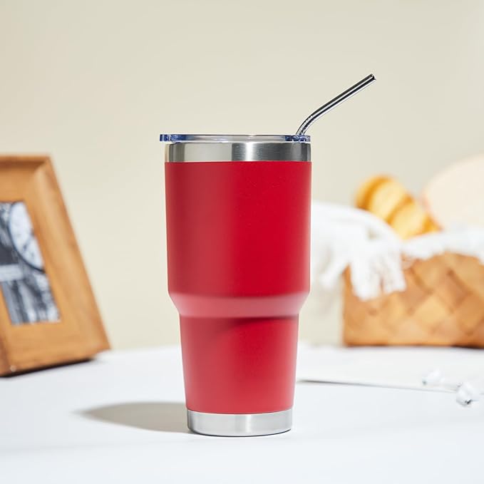 MEWAY 30oz Insulated Tumbler With Lids and Straws,Stainless Steel Double Vacuum Coffee Tumbler Cup, Brush, Durable Powder Coated Coffee Cup for Cold & Hot Drinks, Office, Travel(Coral red,8 PACK) - Bloomnest