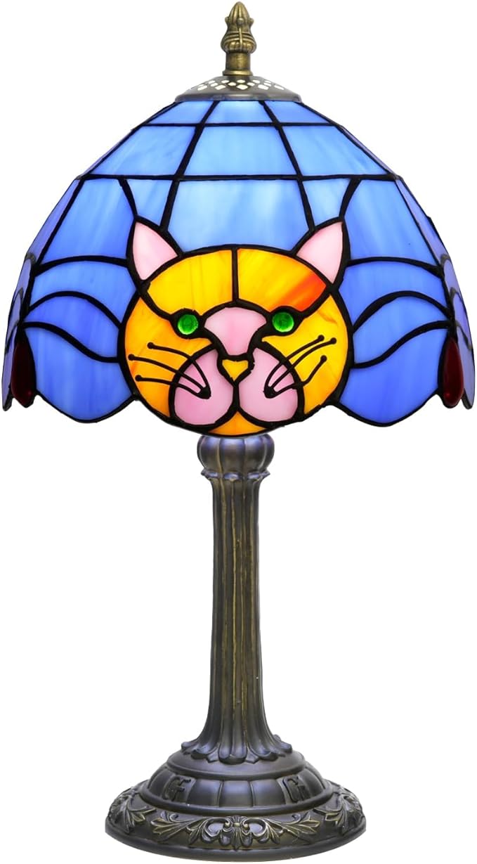 Tiffany Lamp Cat Stained Glass Table Lamp 8 Inch Orange Warm Ambient Lighting Bedroom Small Nightstand Dorm Cafe Office Corner Vintage Home Decoration Tiffany Style Table Lamp Blue cute Cat Lamp - Bloomnest