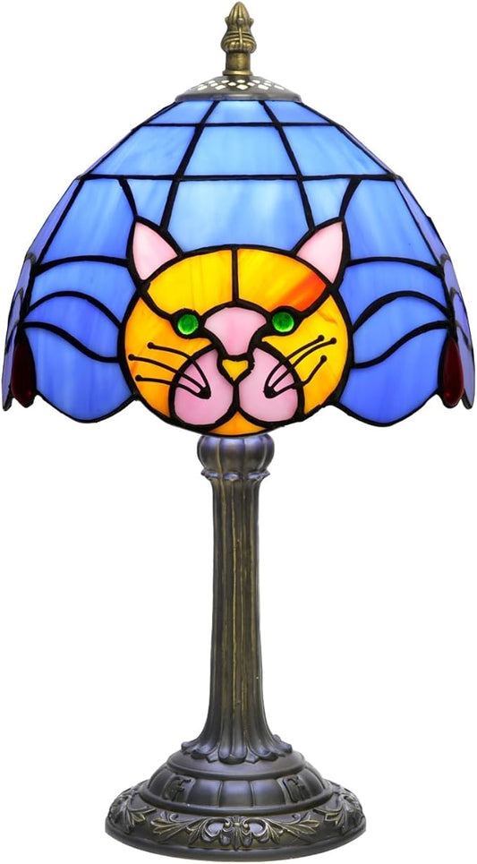 Tiffany Lamp Cat Stained Glass Table Lamp 8 Inch Orange Warm Ambient Lighting Bedroom Small Nightstand Dorm Cafe Office Corner Vintage Home Decoration Tiffany Style Table Lamp Blue cute Cat Lamp - Bloomnest