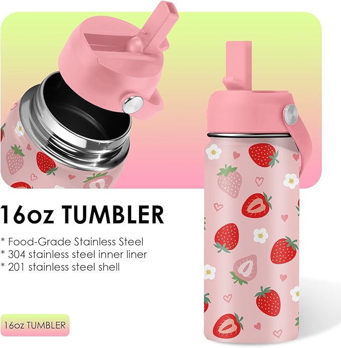 16oz Insulated Water Bottle with Handle & Flip Straw Strawberry-Themed Tumbler, Stainless Steel Heart-Shape Themed Mugs, Gifts for Girls Coworkers, Friend, Travel Cup - Bloomnest