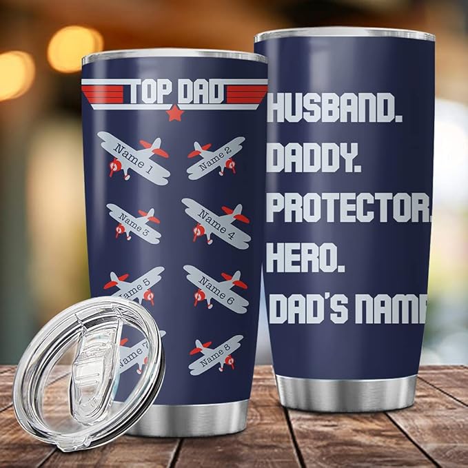 Custom Top Dad Pilot Airplane Tumbler Cup, Gift For Pilot Dad, Father, Papa 20Oz 30Oz Insulated CoffeeTea with Lid - Bloomnest