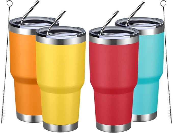 MEWAY 30oz Insulated Tumbler With Lids and Straws,Stainless Steel Double Vacuum Coffee Tumbler Cup, Brush, Durable Powder Coated Coffee Cup for Cold & Hot Drinks, Office, Travel(mixture,4 PACK) - Bloomnest