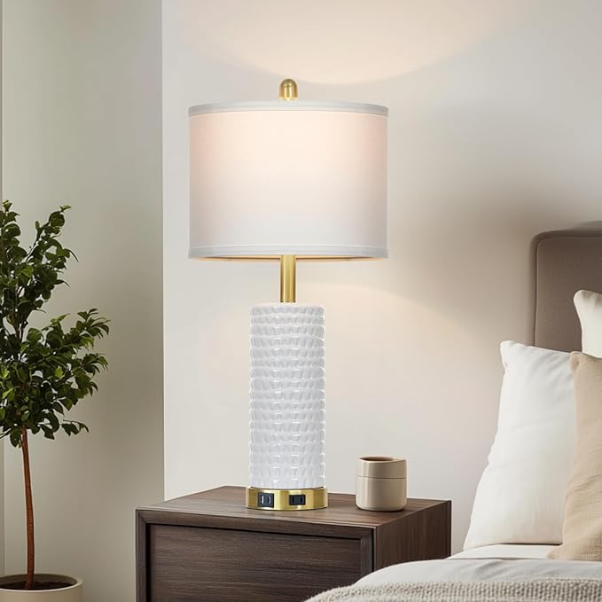 26" White Table Lamps for Living Room Set of 2, Ceramic Bedroom Lamps for Nightstands, Modern Bedside Lamps for Bedroom Living Room, Nightstand Lamps for End Table, Hallway, Gold and White - Bloomnest