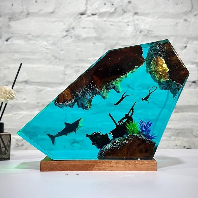 Shark Ocean Resin Lamp, Handmade Wooden Table Resin Night Light, USB Port Art Ornaments for Home Office Decor, Scuba Diver Gifts for Birthday Holiday, Valentine's Day Gifts for Husband - Bloomnest