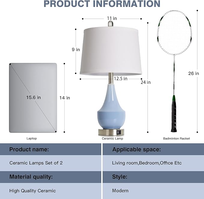 Modern Blue Table Lamp Set of 2, 24" Ceramic Table Lamp with USB A+C Ports,Classic Beside Lamps Nightstand Lamp Modern Lamp for Living Room, Bedroom & Office -LED Bulbs Included - Bloomnest