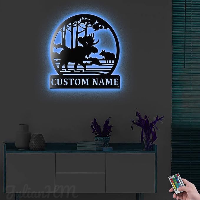 Lovely POD Personalized Hunting Metal sign, Hunting Art, Custom Moose Scenic Led Lights Metal Wall Art, Personalized Hunter Name Decoration Hanging For Home Hunting, Father's Day Gift - Bloomnest