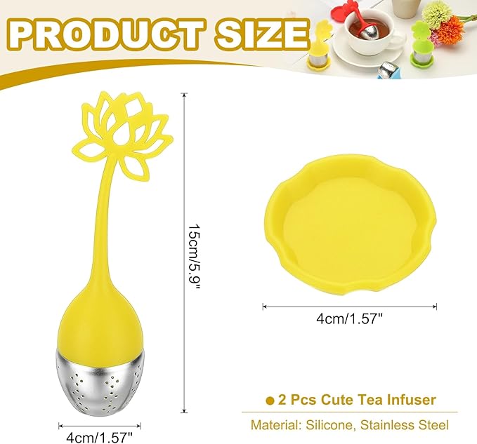 uxcell 2 Pcs Lotus Tea Infuser, Stainless Steel Loose Leaf Tea Steeper Filter with Silicone Handle Reusable Coarse Pores Mesh Strainer Diffuser for Teacups Teapots Mugs, Yellow
