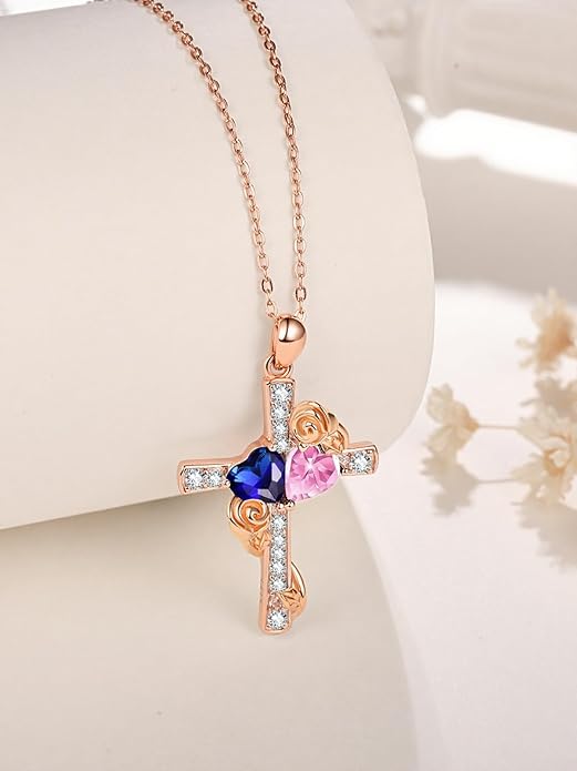 Rose Gold Dual Birthstones Cross Necklace for Women Rose Flower Jewelry Anniversary Christmas Mother's Valentine's Day Birthday Gift for Wife Girlfriend Mom - Bloomnest
