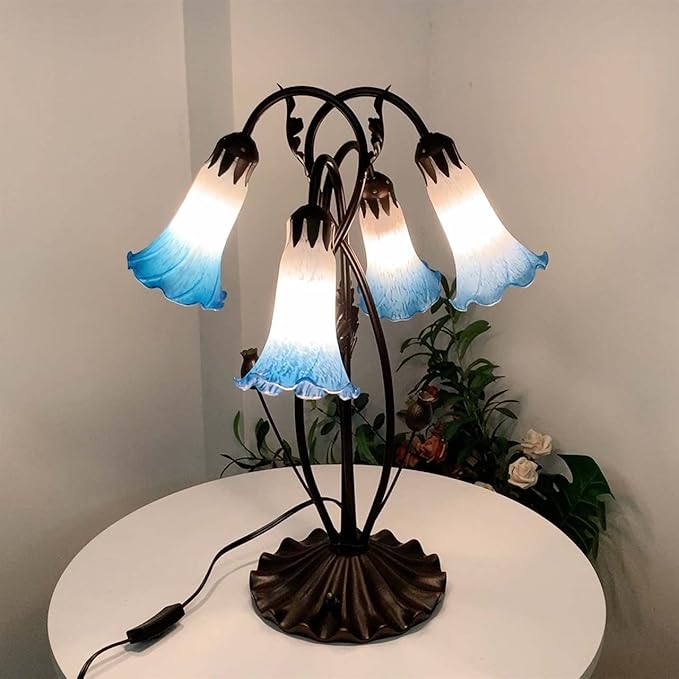 Bieye L10854 Lily Flower Blown Glass Accent Table Lamp for Living Room Bedroom Decoration (4-Light, Blue) - Bloomnest