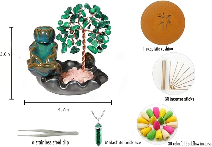 Malachite Waterfall Incense Burner, Money Tree Backflow Incense Holder Healing Crystal Stone, with 30 Backflow Incense Cones + 30 Incense Stick for Yoga Meditation Home Zen Decoration - Bloomnest