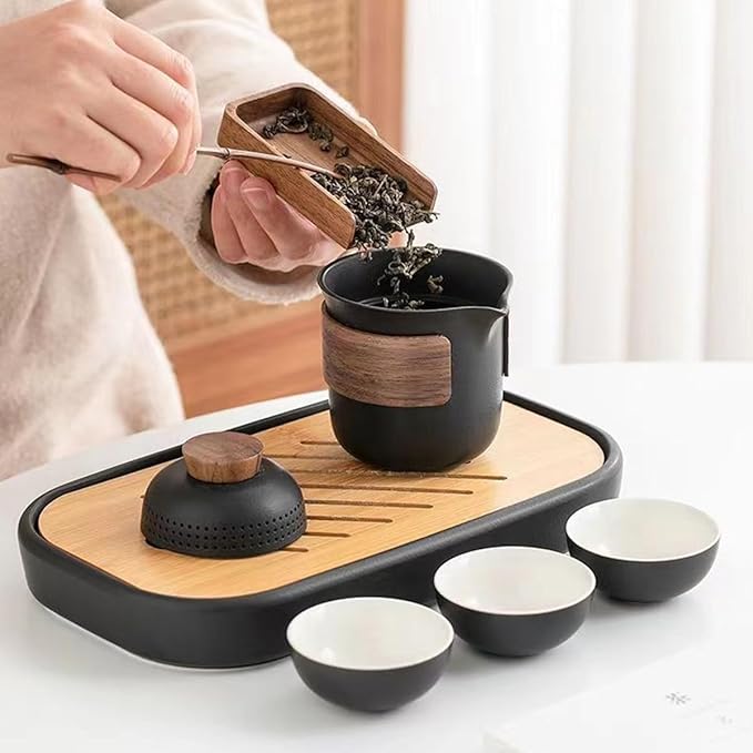Mini Travel Ceramic Tea Pot Set Chinese Kung Fu Teapot, 1 Pot 3 Cups Porcelain Teacups with Tea Infuser Portable Bag for Home Office Outdoor Picnic Black