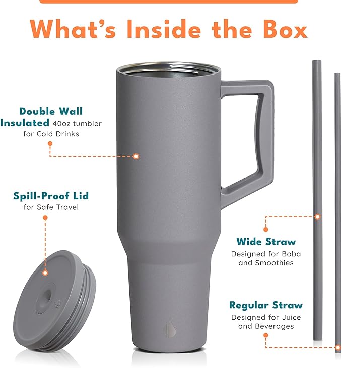 Elemental 40 oz Tumbler with Handle and Straw - Spill Proof Insulated Stainless Steel Commuter for Hot and Cold Beverages - Travel Coffee Mug with 2 Straws & Spill Proof Lid - 40oz - Graphite - Bloomnest