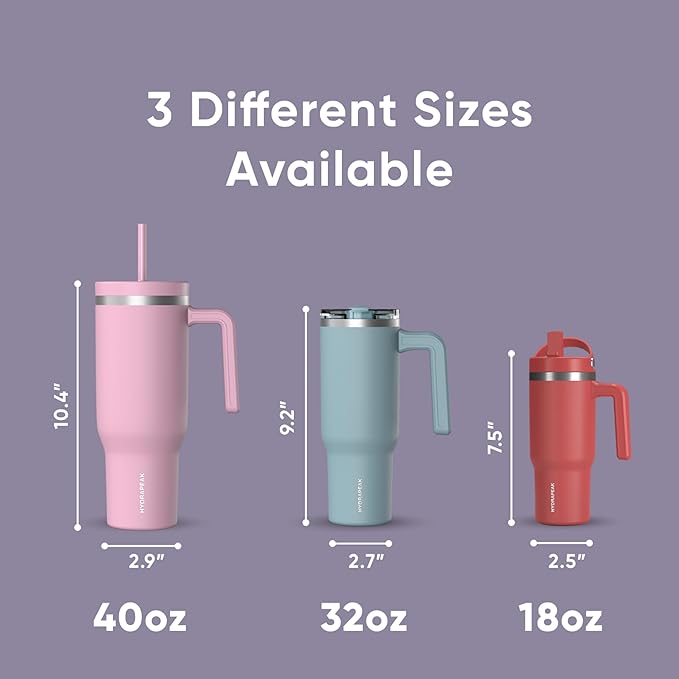 Hydrapeak Voyager 40 Oz Stainless Steel Tumbler with Handle, Insulated Water Bottle With Straw & Lid, Cupholder Friendly Reusable Travel Mug (Lavender) - Bloomnest