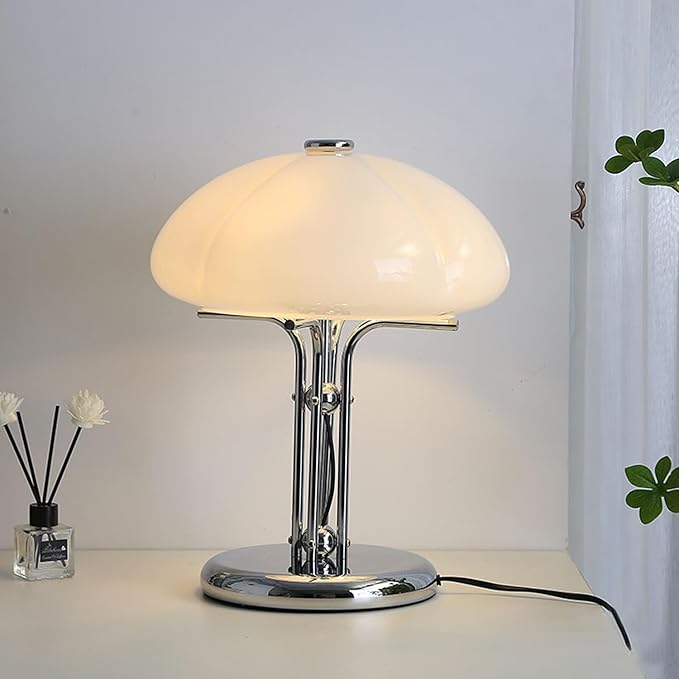 White Mushroom Table Lamp,Dimmable Glass Desk Light with Chrome Base,Bauhaus Office Light Fixture,Mid Century Modern Desk Lamp for Living Room Bedroom and Study Room - Bloomnest