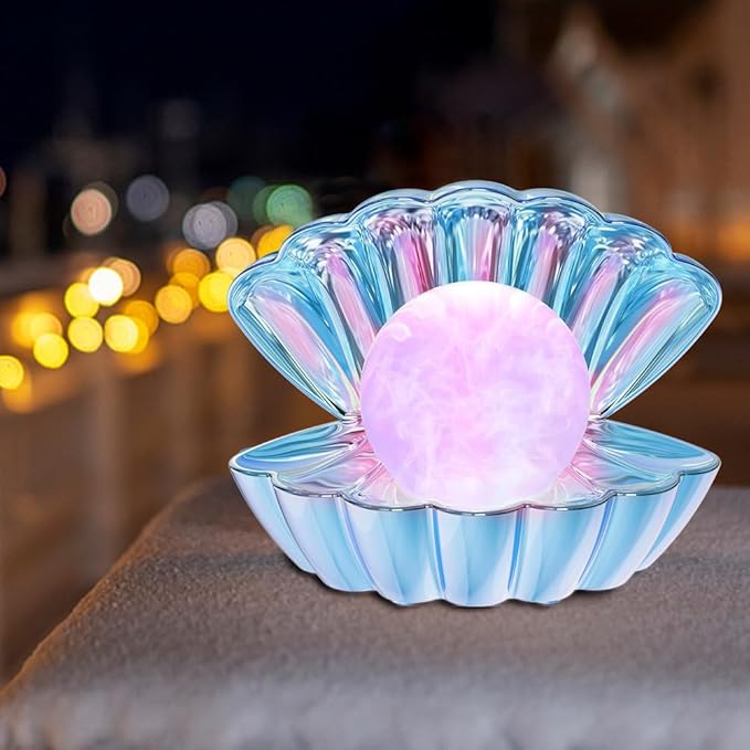 Shell Pearl Beach Themed Night Light, RGB 8 Colors Changing Mood Shell Pearl Lamps, Bedside LED Clamshell Portable Night Lights for Bar (Electroplating Blue) - Bloomnest