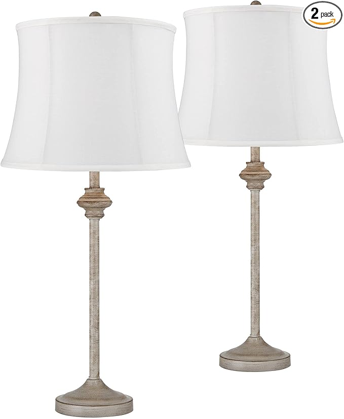 360 Lighting Lynn Country Cottage Rustic Buffet Table Lamps 26 3/4" Tall Skinny Set of 2 Light Beige Wood White Fabric Softback Drum Shade for Living Room House Home Dining Office Entryway Family - Bloomnest