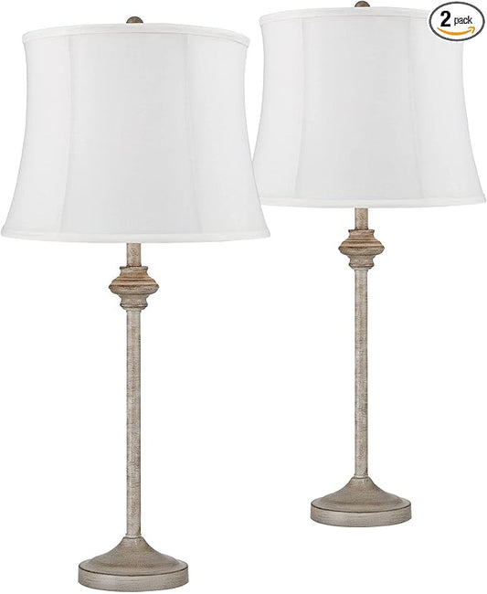 360 Lighting Lynn Country Cottage Rustic Buffet Table Lamps 26 3/4" Tall Skinny Set of 2 Light Beige Wood White Fabric Softback Drum Shade for Living Room House Home Dining Office Entryway Family - Bloomnest