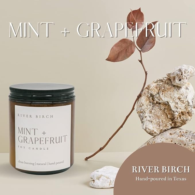 River Birch Candles Mint + Grapefruit Scented Candle | Premium, All-Natural, Non-Toxic, Soy Amber Jar Candles | 8.5oz 40 Hr Burn Time | Cozy Relaxing Gifts for Home - Bloomnest
