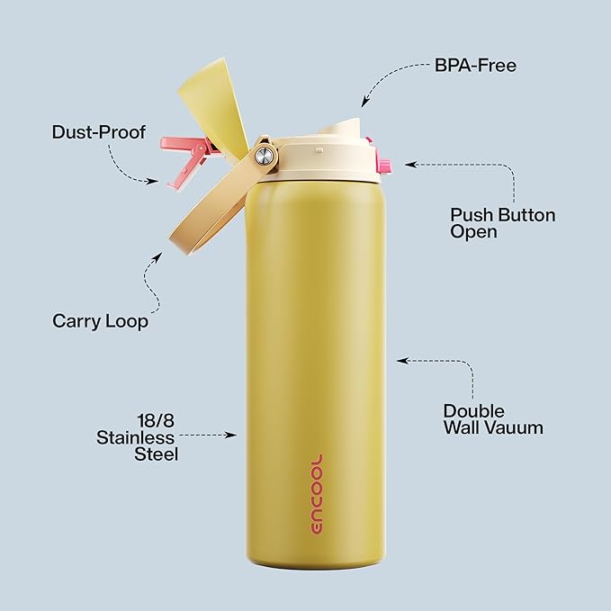 Insulated Water Bottle with Straw - Encool Stainless Steel Water Bottle with Push Button Lid, Leak-Proof & BPA-Free, Keeps Cold for 24 Hours for Sports, Travel, Gym (32 oz, Ginger) ENCOOL