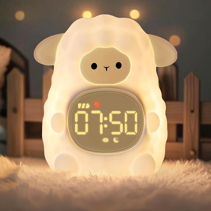 Sheep Alarm Clock with Night Light for Kids with Sleep Training and Sound Machine, Rechargeable Silicone Lamp OK to Wake Clock，Cute Animal Tabletop Lamp, Perfect Sleep Companion for Boys Girls, Khaki - Bloomnest