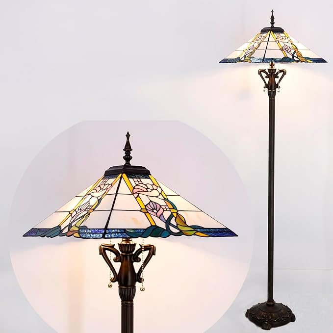 Tiffany Floor Lamp Pink Flower Mission Style Stained Glass Standing Reading Light 16X16X64 Inch - Bloomnest