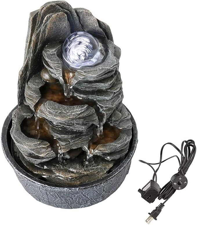 Rockery Indoor Water Fountain, Zen Meditation Tabletop Fountain with LED Lights & Crystal Ball for Home Office Bedroom 9 4/5"