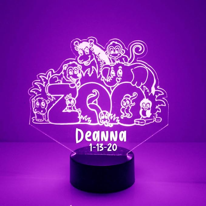 Zoo Animals Custom 3D Illusion Lamp with Remote | LED Night Light with Personalized Name, Logo, Image, Design | 4 Modes, 16 Light Colors | USB or Battery Power | Made in The USA - Bloomnest