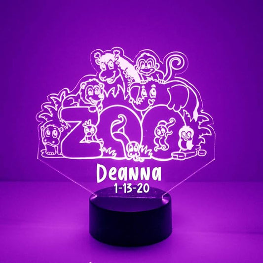 Zoo Animals Custom 3D Illusion Lamp with Remote | LED Night Light with Personalized Name, Logo, Image, Design | 4 Modes, 16 Light Colors | USB or Battery Power | Made in The USA - Bloomnest