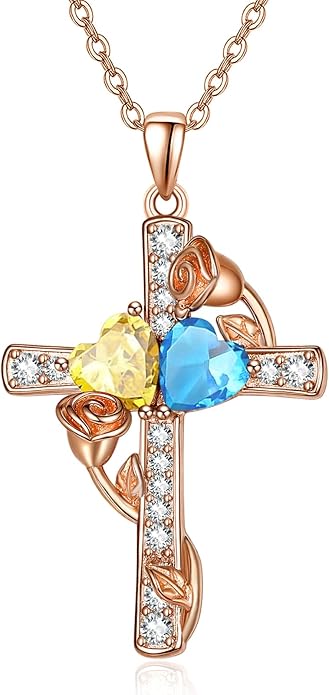 Rose Gold Dual Birthstones Cross Necklace for Women Rose Flower Jewelry Anniversary Christmas Mother's Valentine's Day Birthday Gift for Wife Girlfriend Mom - Bloomnest
