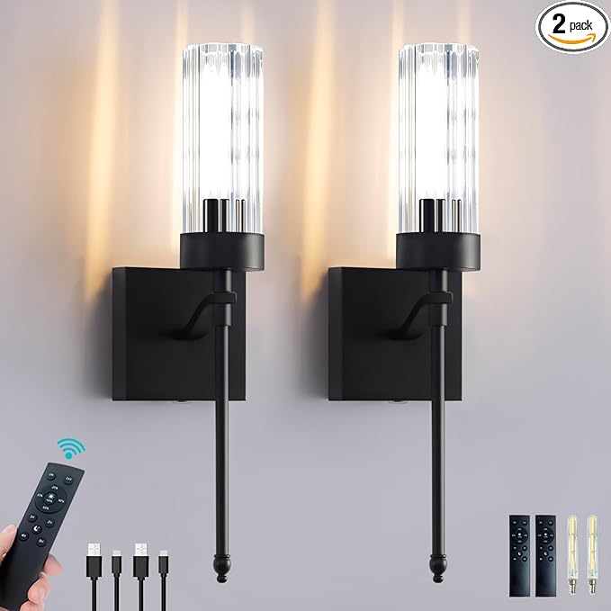 Battery Operated Wall Sconce Set of Two with Remote, Black Rechargeable Wireless Wall Lights, Sconces Wall Decor Set of 2 Dimmable 2700K Battery Powered Sconce for Bathroom Living Room Hallway - Bloomnest