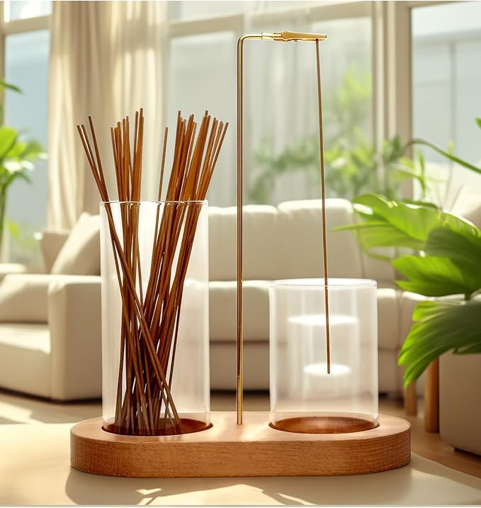 2 in 1 Glass Incense Holder for Sticks with 9-Hole Upright Burner, Ash Catcher, Cleaning Brush & Greeting Card, Meditation & Yoga Accessories,Gift for Home Decor (Light Base) - Bloomnest