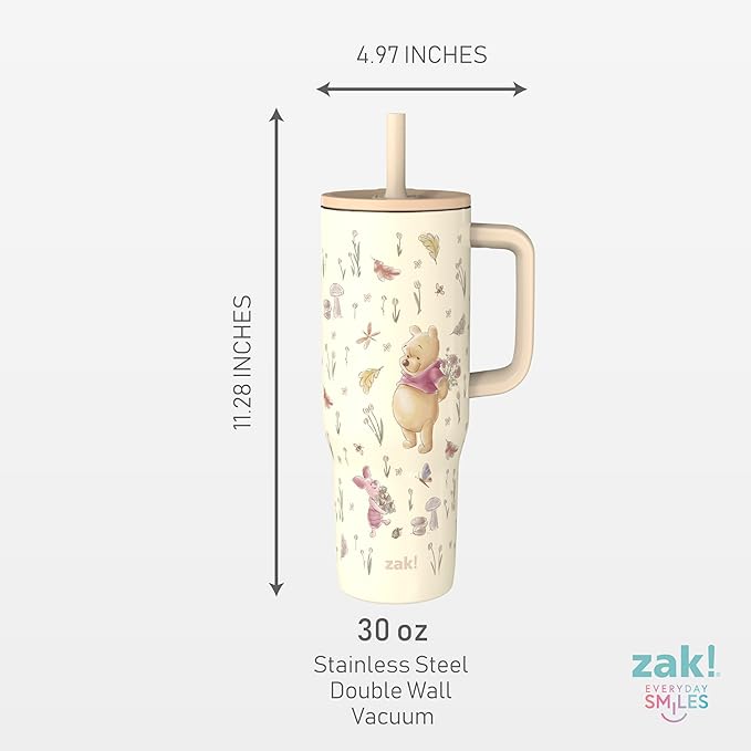 Zak Designs Disney Winnie the Pooh Sutton Travel Tumbler for On the Go, 30oz Stainless Steel with Vacuum Insulation, Silicone Straw, and Carry Handle for Cold Drinks (Pooh and Friends) - Bloomnest