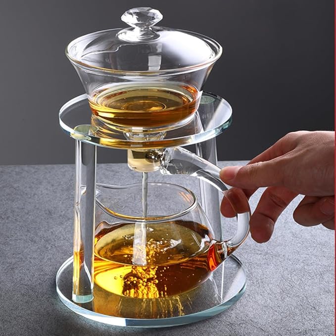 Lazy Kungfu Glass Tea Set Semi Automatic Drip Rotating with Infuser Glass Magnetic Teapot Set (Clear)