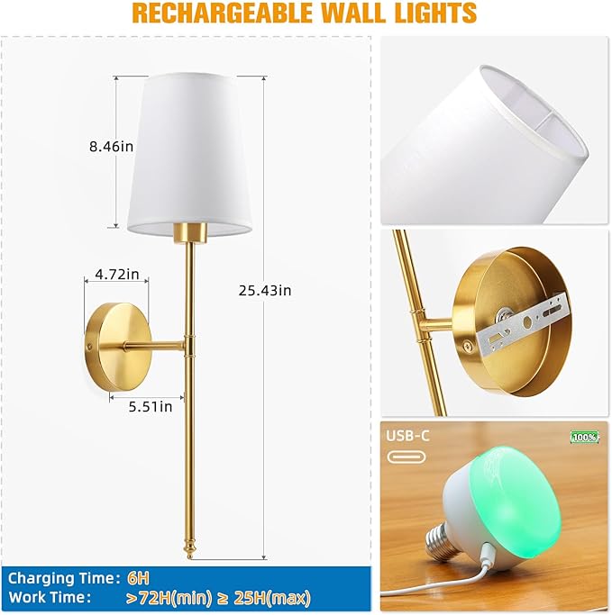 NIORSUN 25.4 inch Battery Operated Wall Sconce Set of 2,Gold Rechargeable Wall Lights with 5200mAh Dimmable Detachable Bulbs and Remote,9 Colors Wireless Sconces for Bedroom Living Room Hallway - Bloomnest