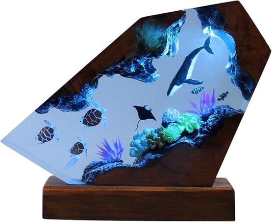 Handmade 3D Ocean Resin Lamp, Epoxy Ocean Night Light with Wooden Base, LED Color Changing Table Lamp, USB Powered Dragons Decor, Unique Ocean Gift for Bedroom & Home Office (Humback Whale) - Bloomnest