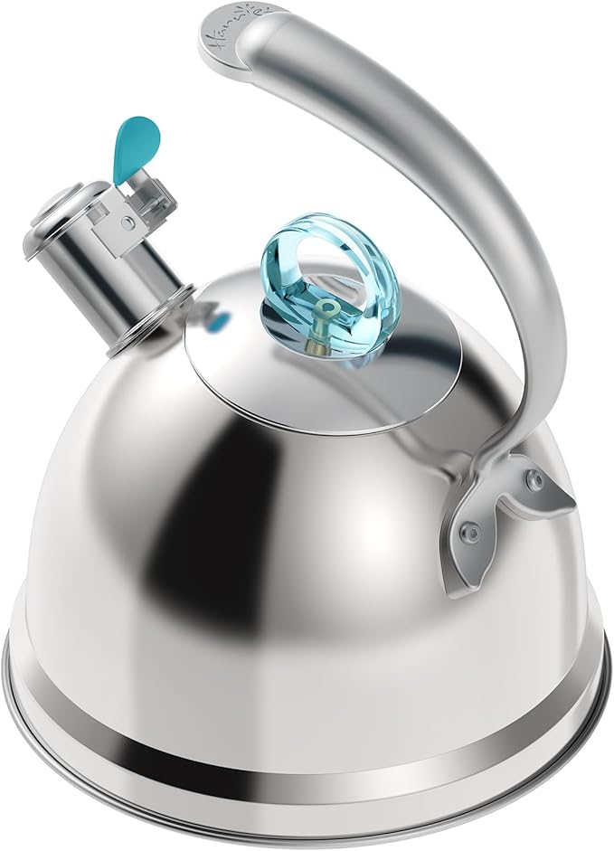 Harriet Tea Kettle Stovetop, 2.5 Quart Whistling Stainless Steel Tea Pot, 3-Layer Base, Unique Ergonomic Handle, Includes Pot Holder & Mat, Electric/Induction/Gas Stovetops Applicable, Mirror Finish