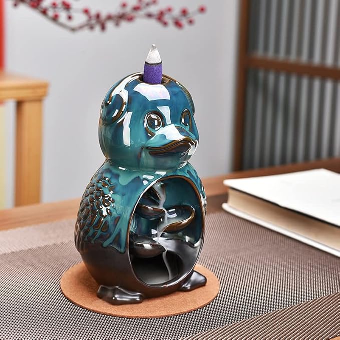 Cute Duck Animal Waterfall Backflow Incense Holder for Sticks,Ceramic Incense Burner with Mat,Tweezers for Home Aromatherapy Ornament Decor AI020 - Bloomnest